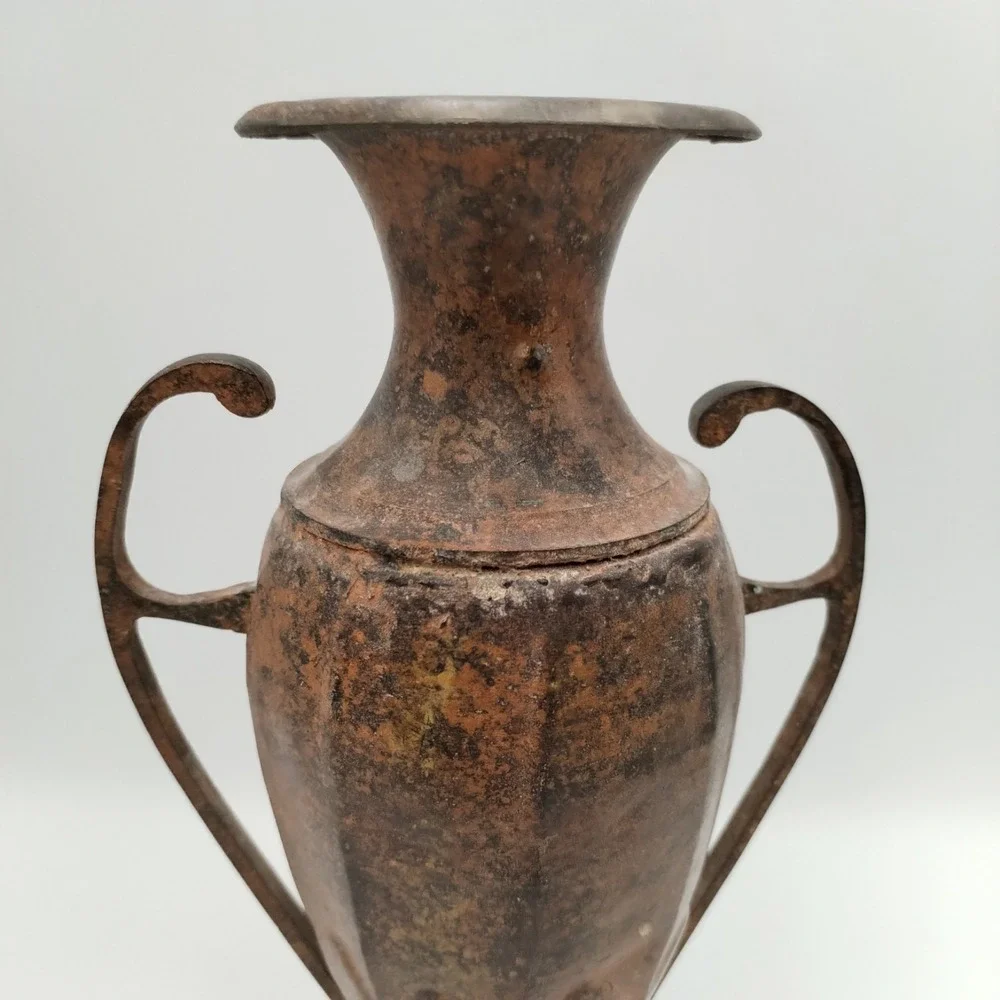 Vintage 10 In Solid Brass Double Handle Urn Vase Grecian Vessel Rustic Patina